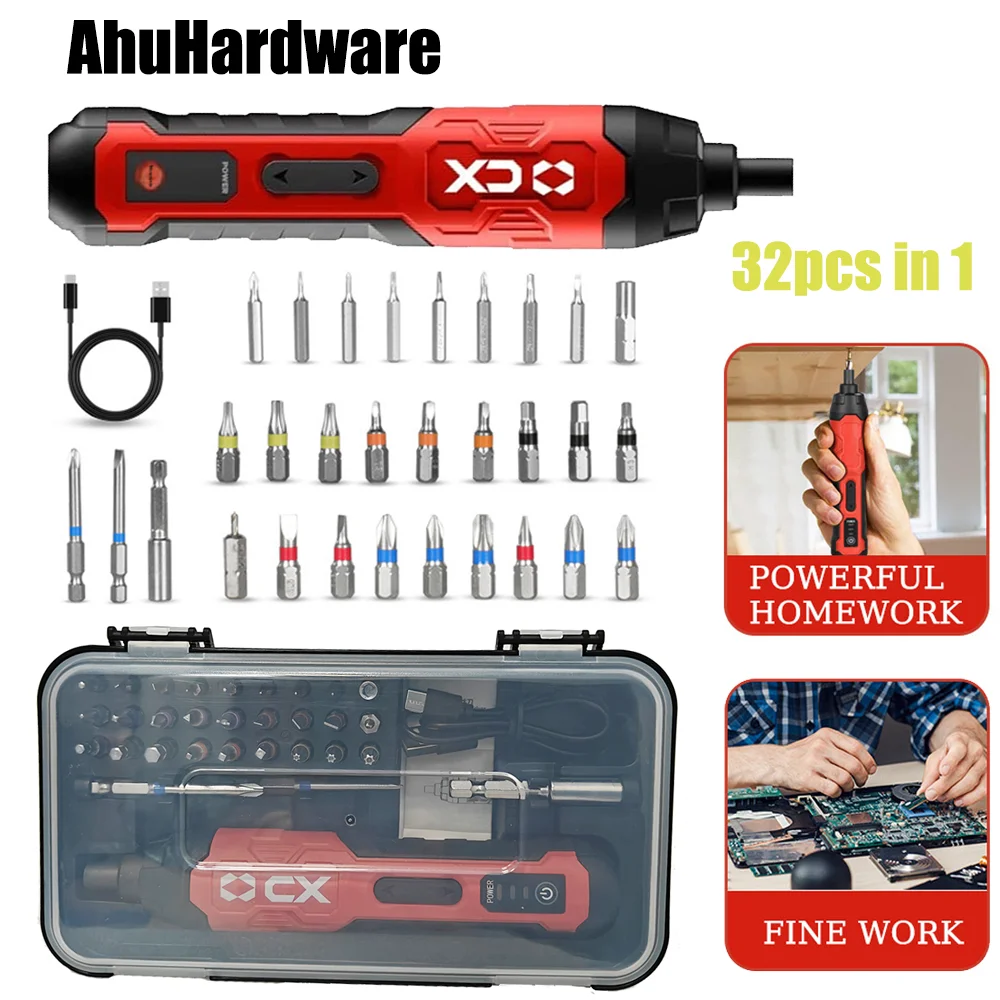 

AhuHardware Mini Cordless Electric Screw Driver Electrical Screwdriver Set USB Rechargeable with 30 Bit Set Power Drill Tools