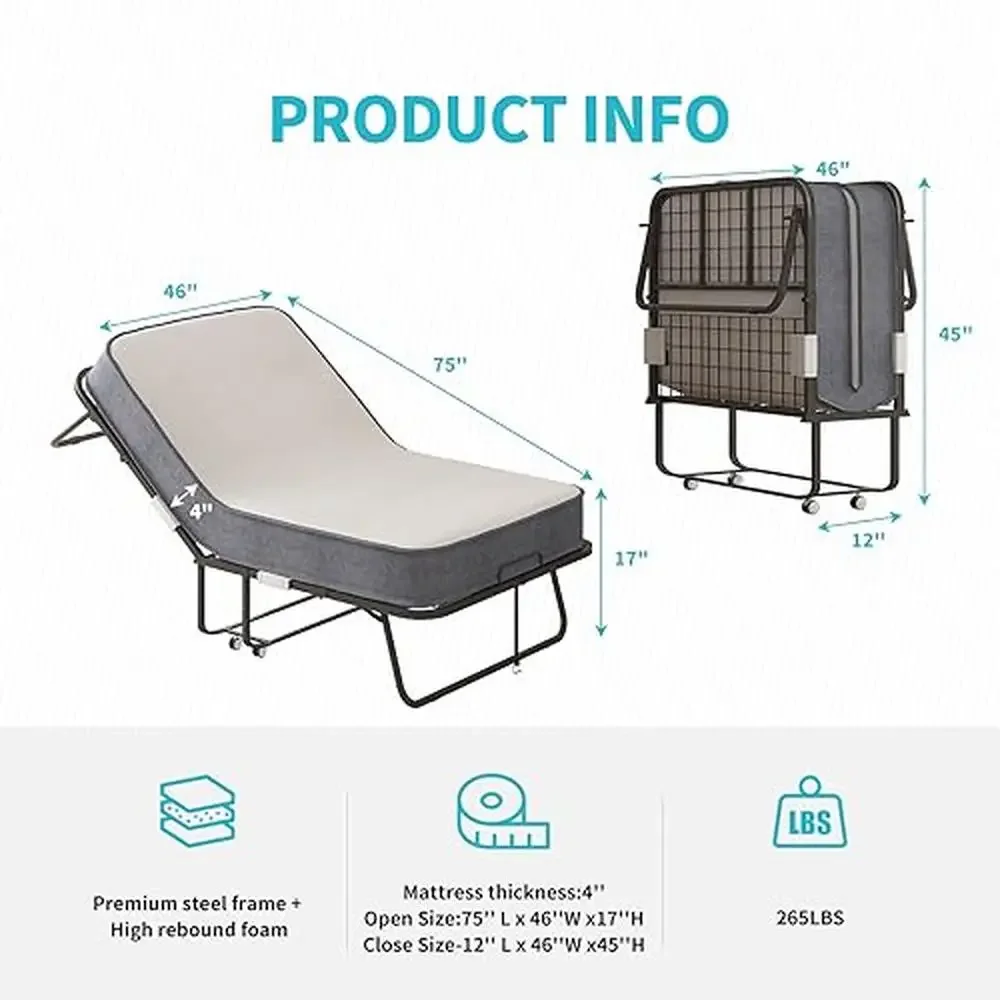 Lit pliant portable avec matelas en mousse de 4 pouces, lit d'invité enroulable, cadre en métal léger, mobilité facile, 46 po x 75 po