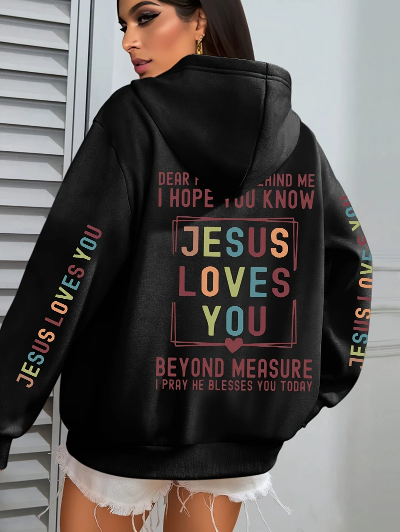 Gesù ti ama Felpe con cappuccio da donna con stampe di lettere Felpe con tasche larghe con cappuccio in pile invernale Top caldi Abiti da donna neri da strada