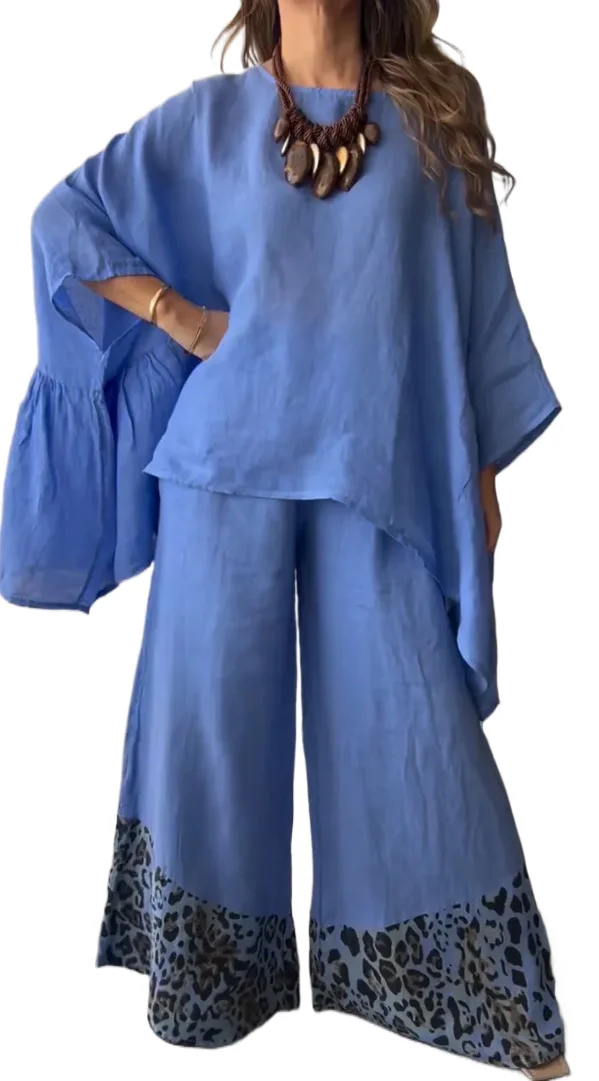 

Loose Casual Two Piece Set Autumn Fashion O-neck Asymmetric Bat Sleeve Pullover Leopard Print Wide Leg Pants Set For Women