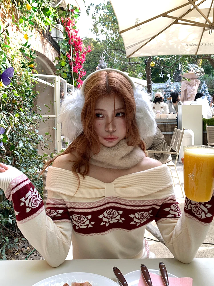 

Вязаный свитер Cisas Date Rose с воротником-стойкой, коллекция Mischief of Cookie Winter, с длинными рукавами, с растительным цветочным узором