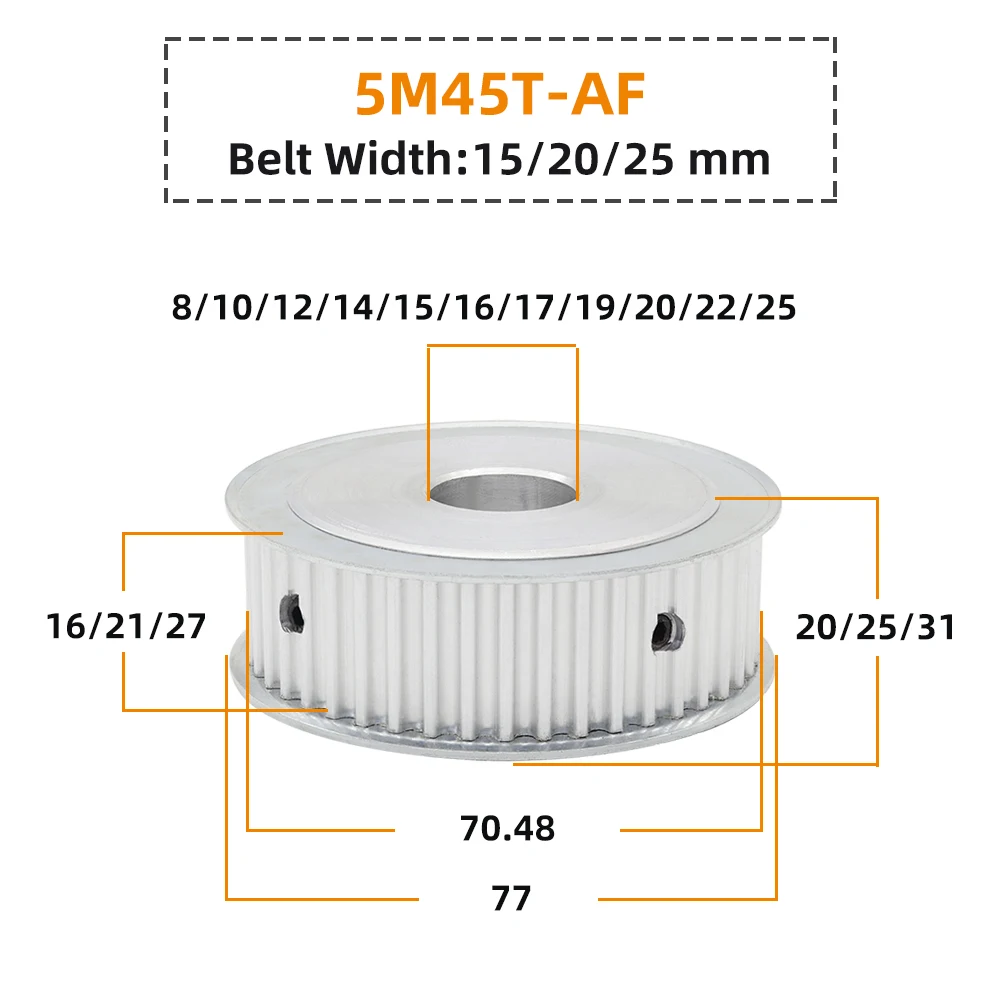 45T 5M Alloy Pulley Wheel 5M45Teeth 5M-45T 11/16/21/26mm Width Toothed Belt Pulley 6-20mm 5mm Pitch Synchronous 5M Belt Pulley