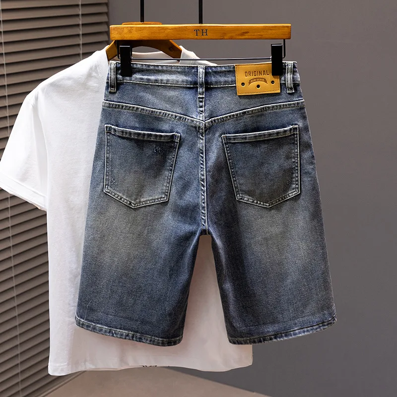 2024Summer thin denim shorts men's fashionable printed casual all-match elastic soft fashionable high-end scratch cropped pants