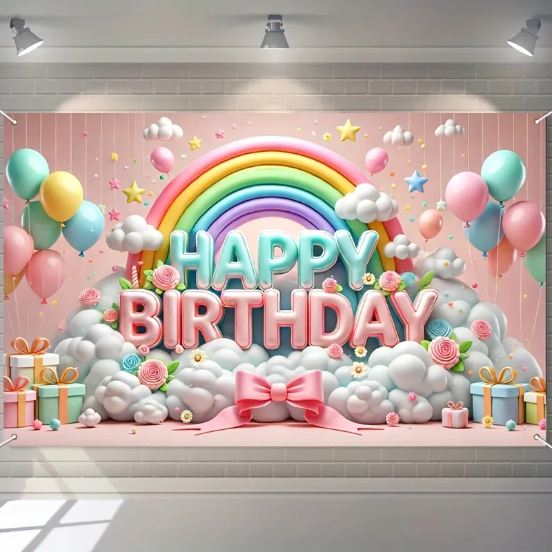 Happy Birthday Background Banner 1pcs 3D Balloons And Rainbow Design Party Background Decoration For Celebration