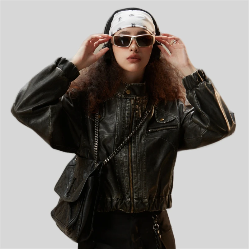 Women\'s Vintage Bomber Chic Cropped Soft PU Faux Leather Gothic Racing Jackets Female Biker Motorcycle Baseball Coats Streetwear