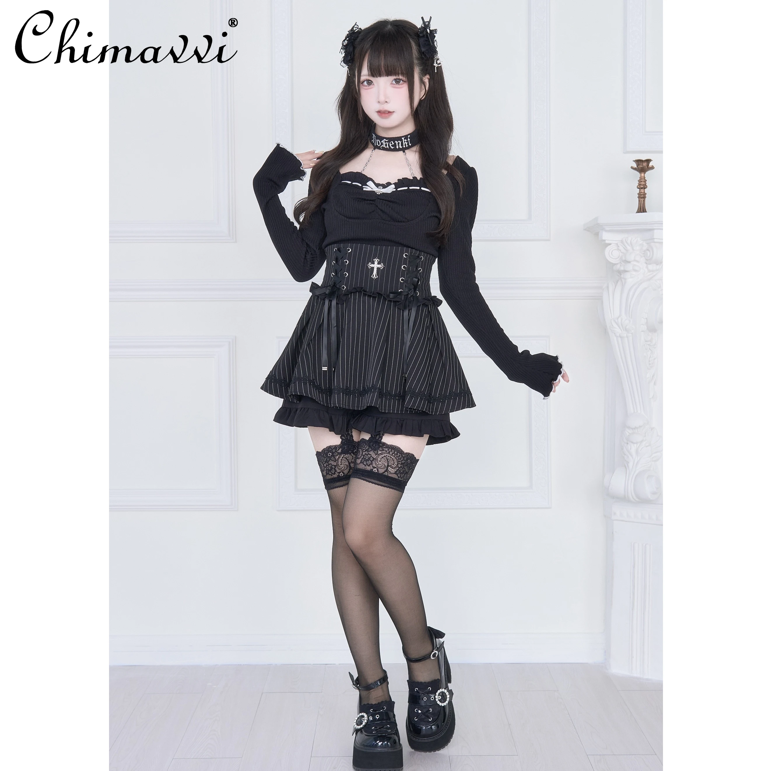 Оригинальный японский комплект Mine Series Subculture с кружевным воротником, облегающий топ с длинными рукавами и юбкой с высокой талией, комплект Subculture Lolita, комплект из 2 предметов