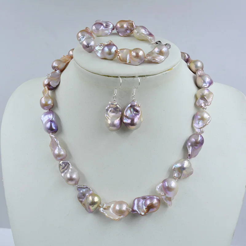 

14mm AAA Natural White Purple Baroque Pearl Necklace Bracelet Earring Set. Bridal Wedding Classic Jewelry 18“