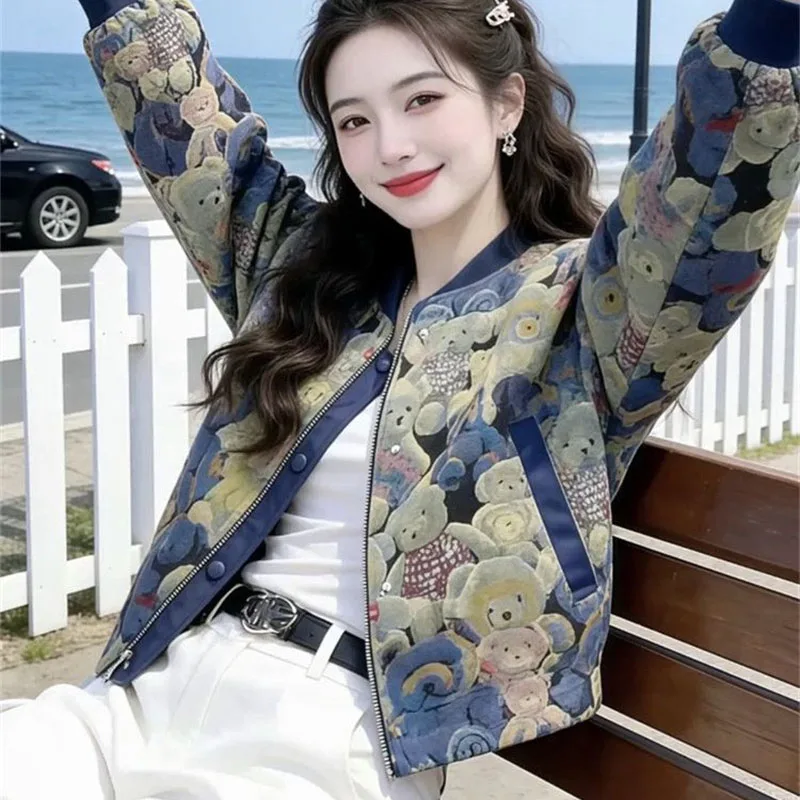 

2026 Spring New Short Jacket Women's European American Style Heavy Industry Printed Bear Slimming Jacket Top Baseball Clothing
