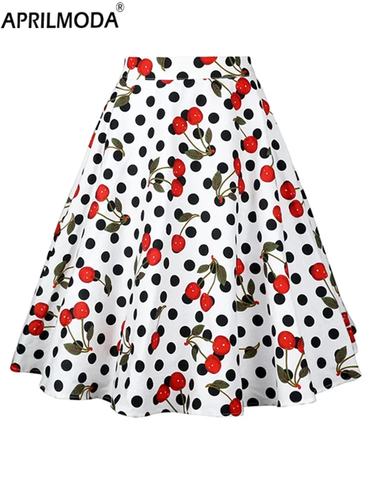 Vintage High Waist Skirts for Women White Cherry Polka Dot Print 50s 60s Pinup Rockabilly 2024 Fashion Summer Midi Skirt Buttons