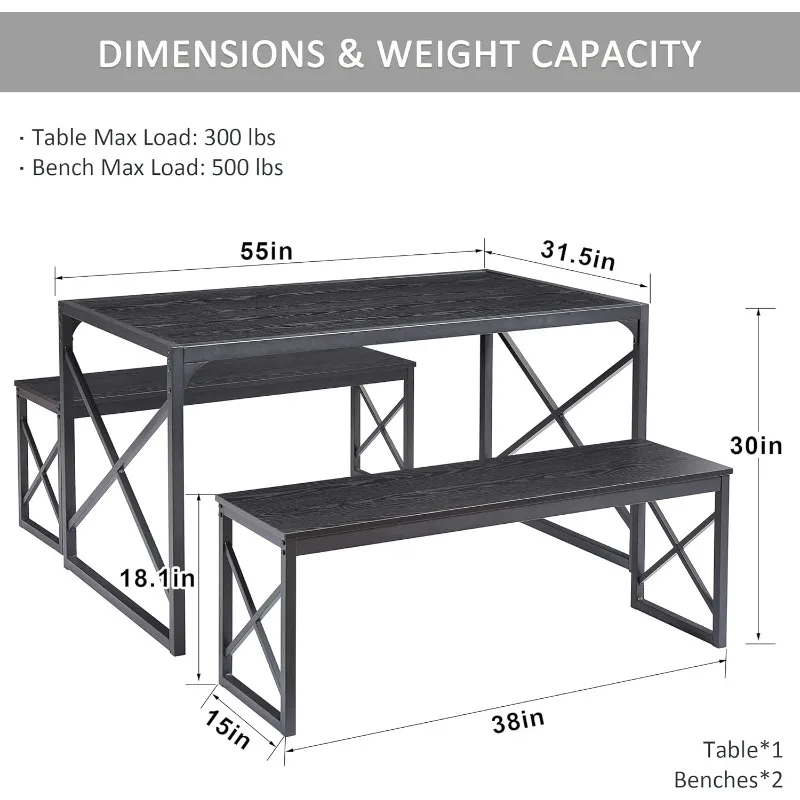 Ensemble de table de cuisine en bois avec cadre en métal, coin petit déjeuner et petit espace, noir, salle à manger, 2 bancs, 4-6, 55 po