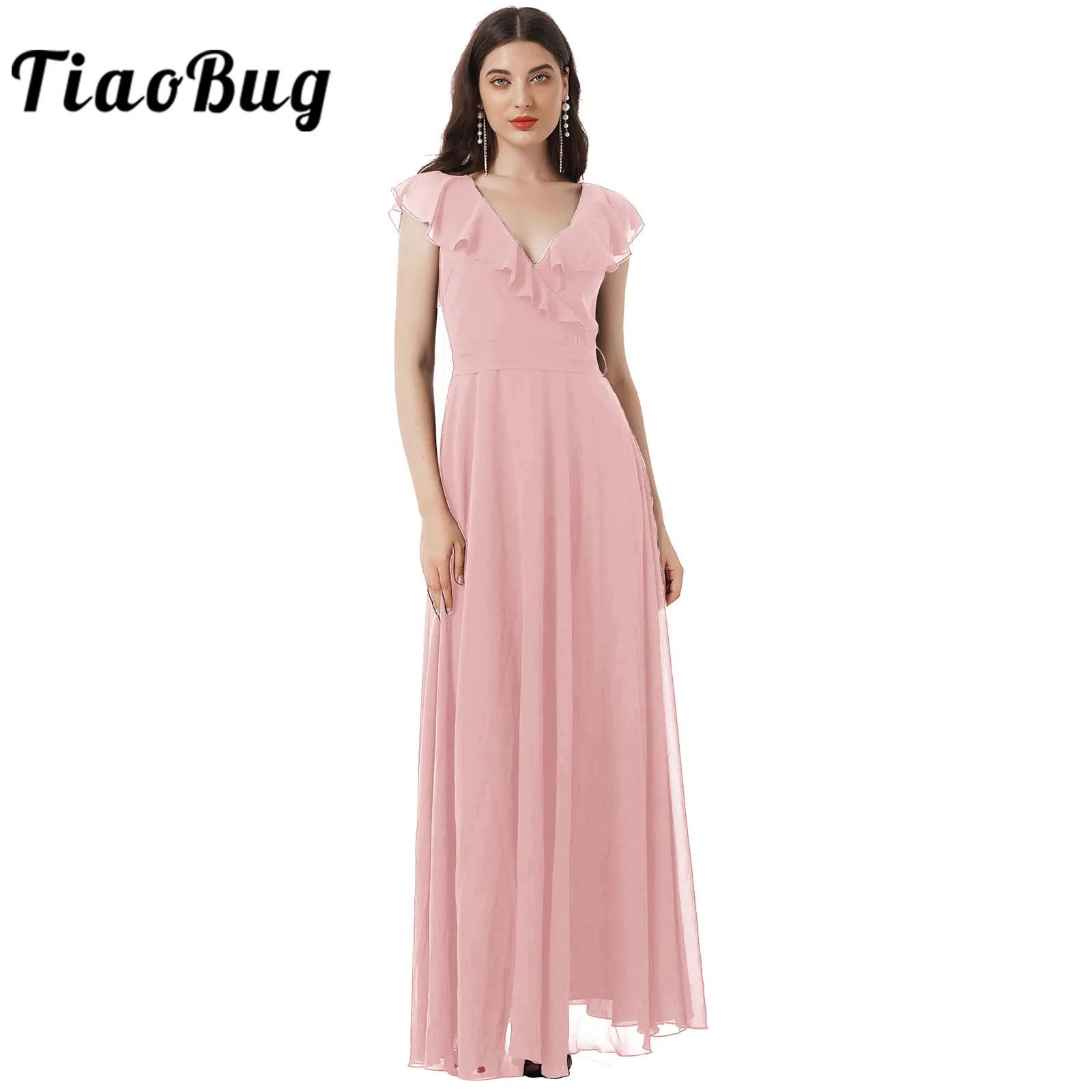 

Bridesmaid Dresses Ruffled Chiffon V Neck Elegant Women's Formal Dress Vestidos De Festa Wedding Party Costume Woman Long Dress