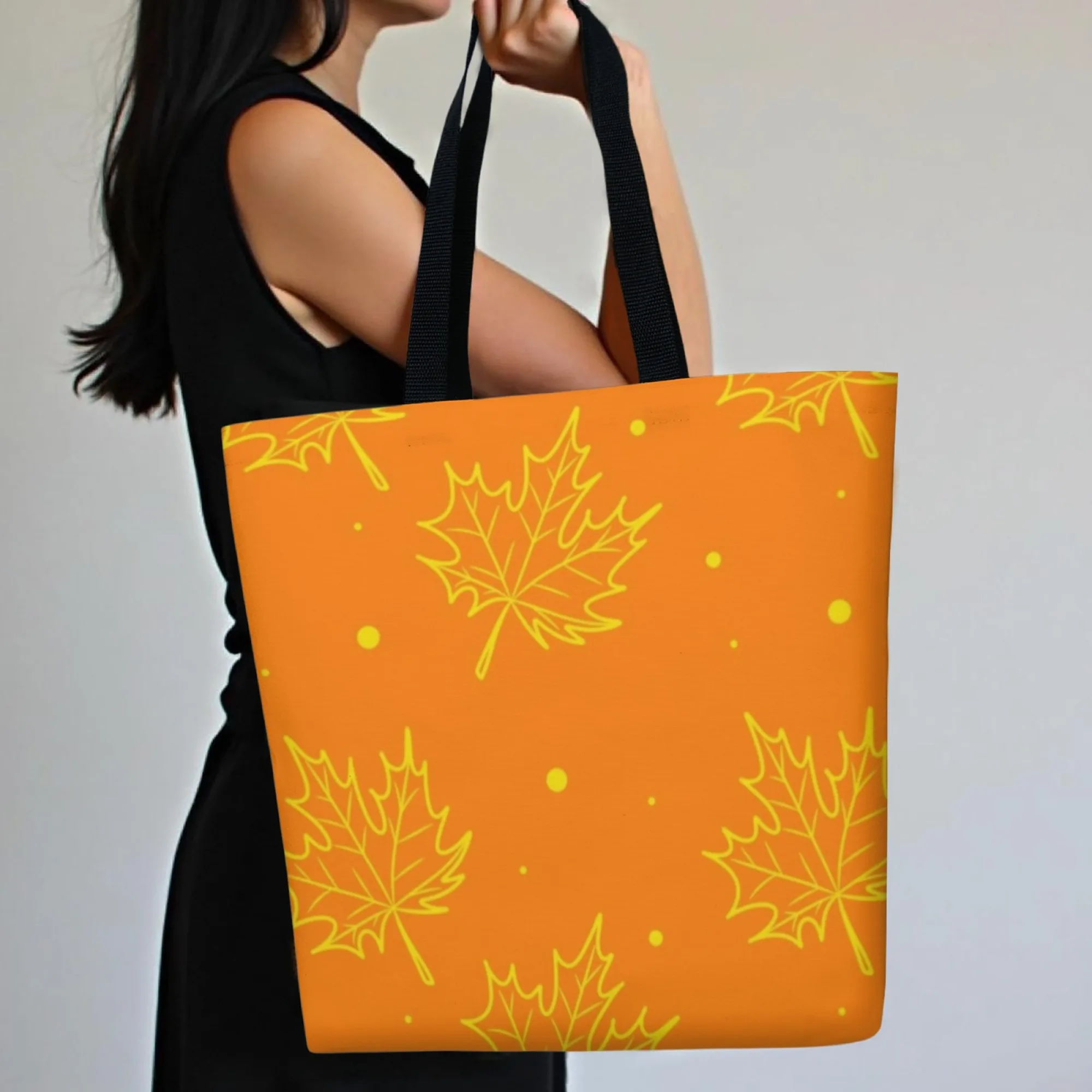 حقيبة تسوق نسائية بسيطة لمهرجان الخريف من قماش القيقب باللون البرتقالي الذهبي على شكل أوراق شجر للاستخدام اليومي للعمل والشارع