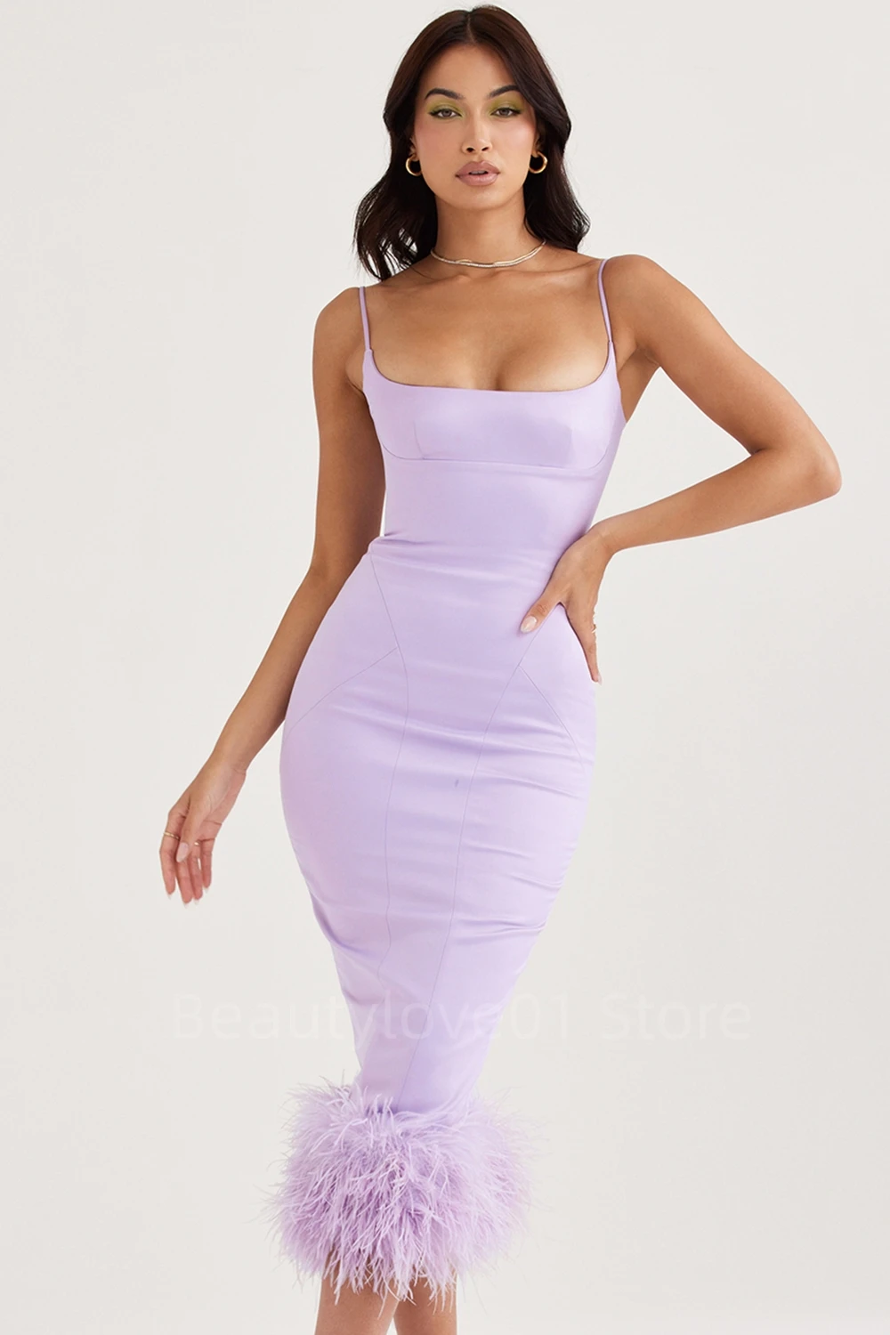 Sexy cetim sem mangas chique pena Hem guarnição Bodycon vestido Midi das mulheres, vestido de noite de festa formal, vendas quentes