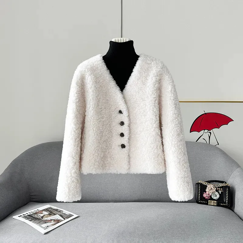 جديد الشتاء الخامس الرقبة قصيرة معطف فرو الضأن المرأة الكورية موضة الأغنام شيرلينغ معطف الصوف السيدات سترة فضفاضة غير رسمية T1659 #1