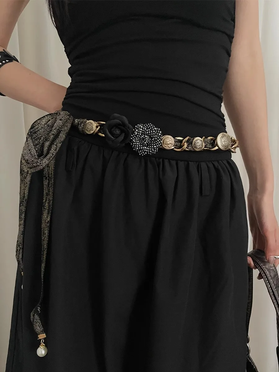 Wasteland wave of the West Miah Wind Flower Belt Women 2024 New Decorative Dress With High-End Design Feeling Waist Black