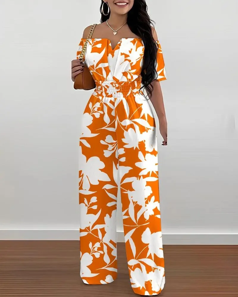 Jumpsuit Women 2023 Summer Fashion Print Wide Leg Jumpsuits Sexy Beach Style Off-shoulder High Waist Summer Outfits Bodysuit