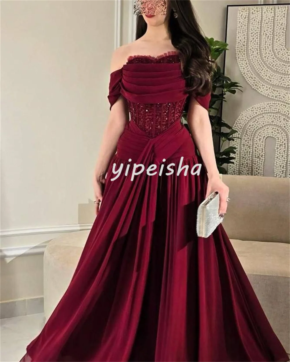 Customized Matching Exquisite Jersey Pleat Ruched Draped Beading Sequined A-line Off-the-shoulder Long Dresses Evening Dresses