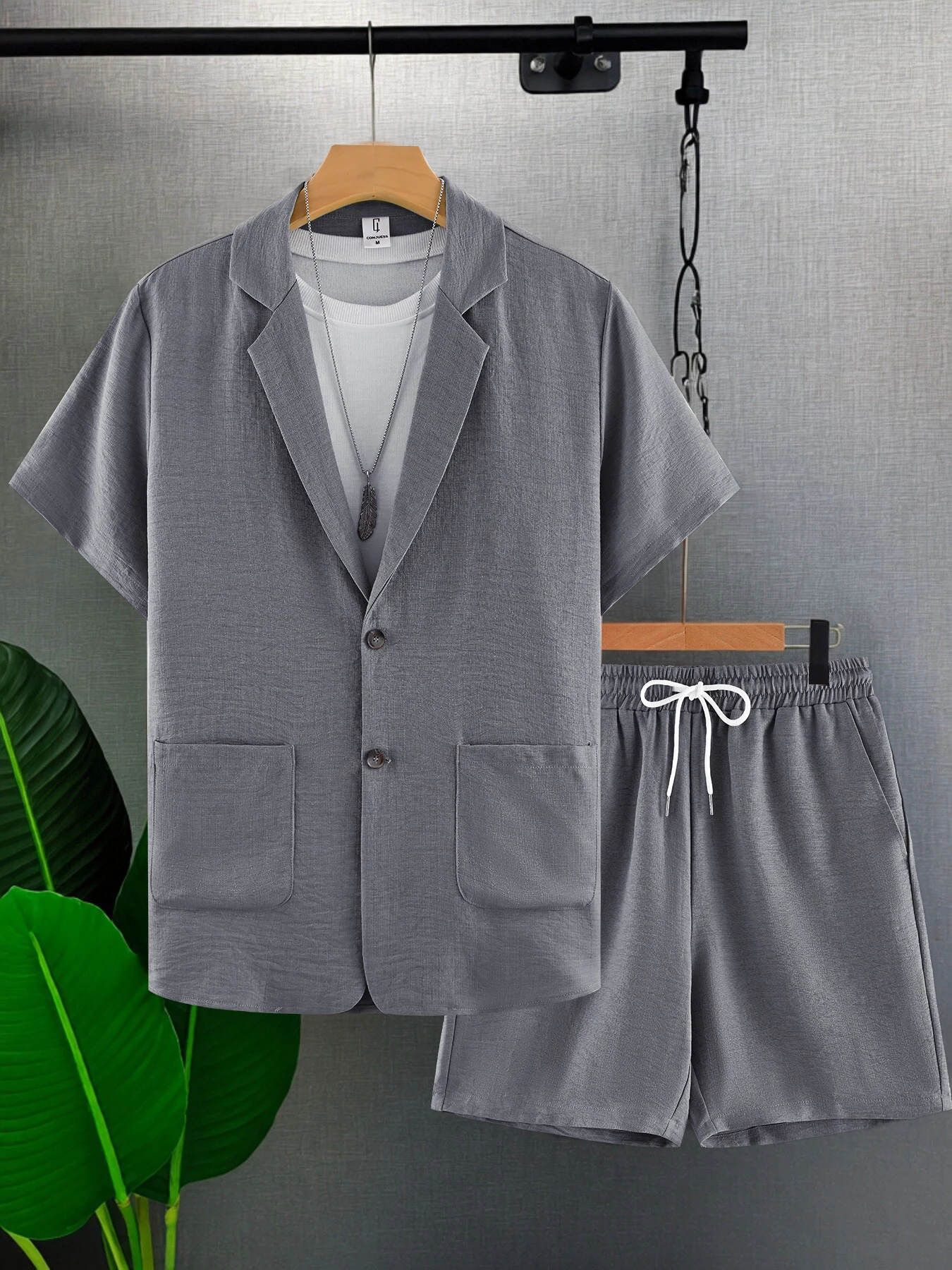 Men's Gray Textured Short-Sleeved Blazer and Shorts Two-Piece Set, Summer Casual Suit, Men's Light Business Daily Outfit Set view 2