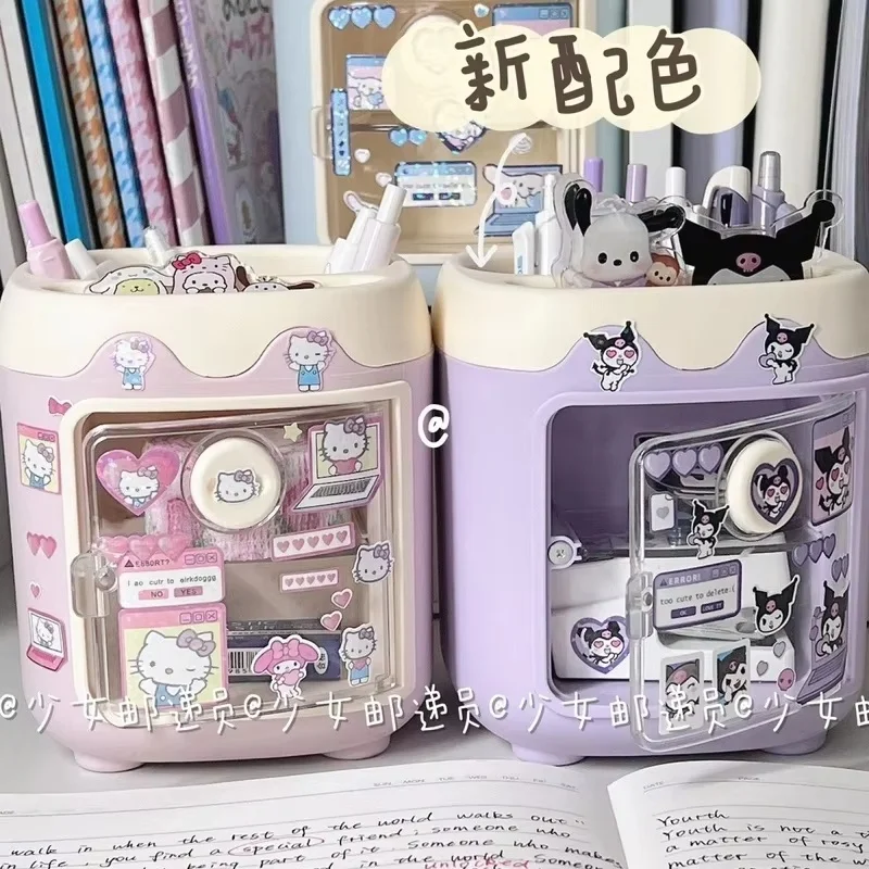 Sanrio Kuromi Pen Holder My Melody Cinnamoroll Desktop Diy Sticker Storage Box Makeup Brush Holder Student School Supplies