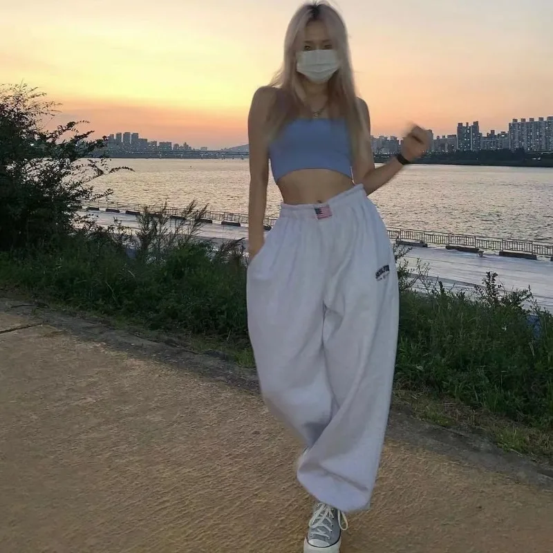 

American Retro Personality Street Wide Leg Casual Pants Ins Light Floral Gray Loose and Versatile Sports Sweatpants