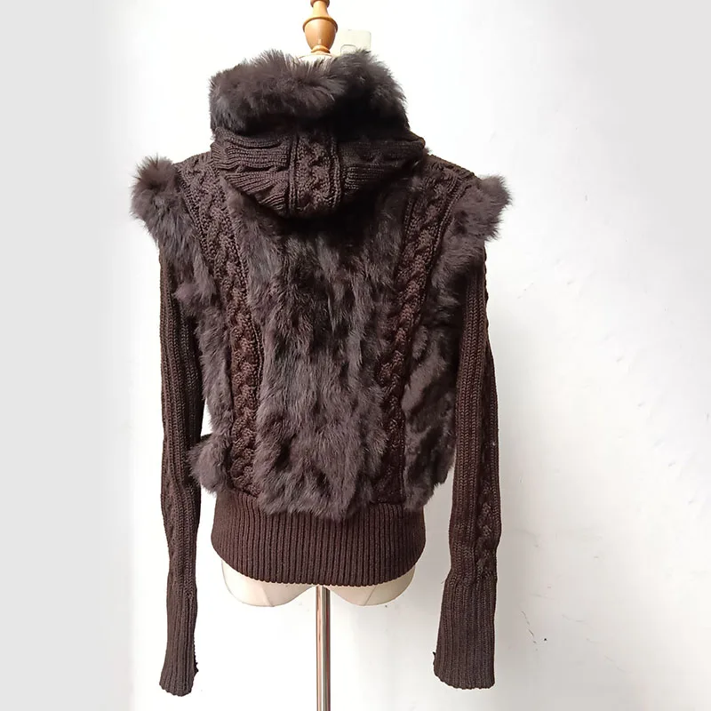 Cappotto invernale da donna in vera pelliccia di coniglio con cappuccio manica lunga moda donna calda con cappuccio giacca in vera pelliccia di coniglio Outwear