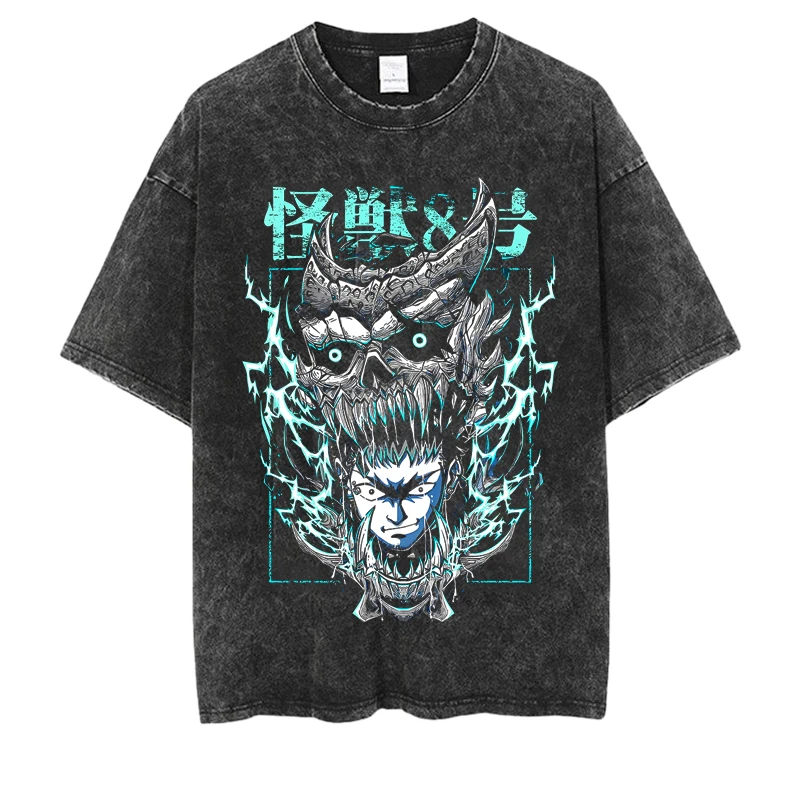 Kaiju No.8 Wash Vintage تي شيرت كلاسيكي للرجال والنساء Kaiju No.8 طباعة الصيف موضة عادية كم قصير