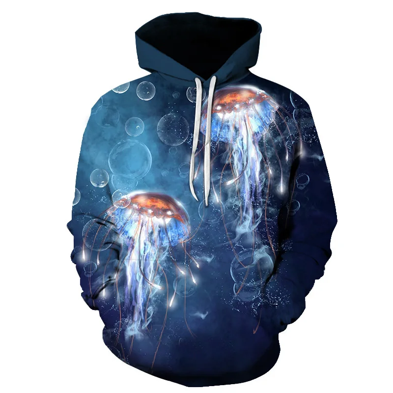 2024 Marine Life Element 3D Pattern Jellyfish Hooded Sweater New Fashion Casual Street 3D Pullover Couple Long Top