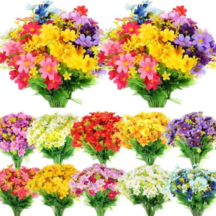 

100 Bundles Faux Daisy Flowers 12'' High Faux Silk Daisy Colorful Flowers Outdoor UV Resistant Fake Foliage Greenery Plants for