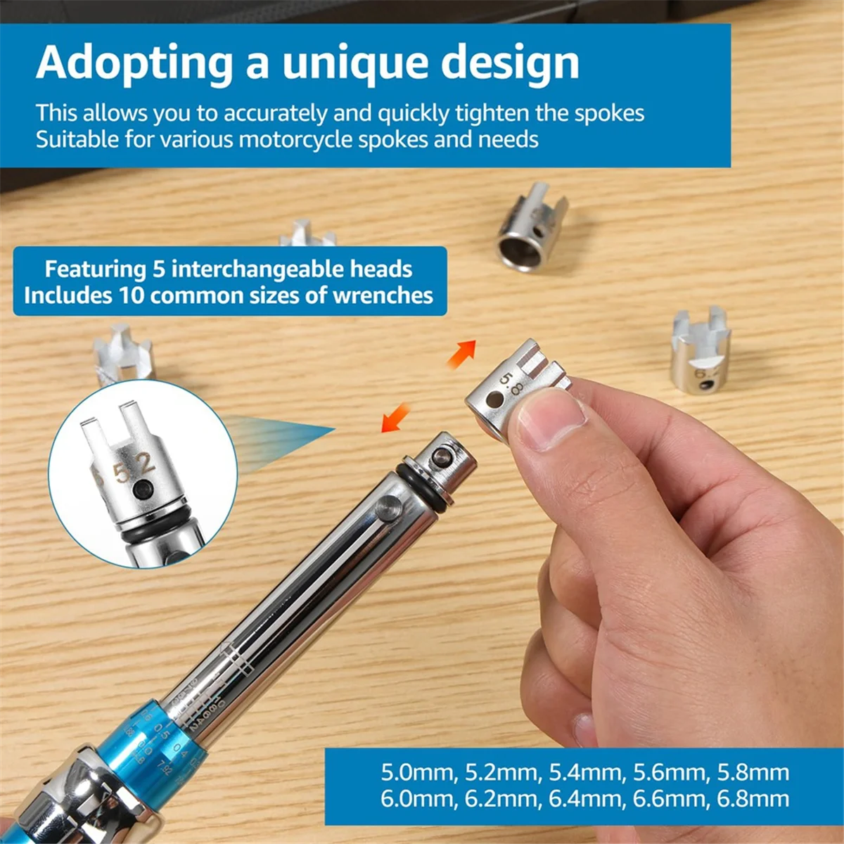 

B58A Spoke Torque Wrench, 2-10 NM Motorcycle Spoke Wrench Set, Steel Torque Wheel Spoke Spanner with Storage Box, 5.0-6.8mm