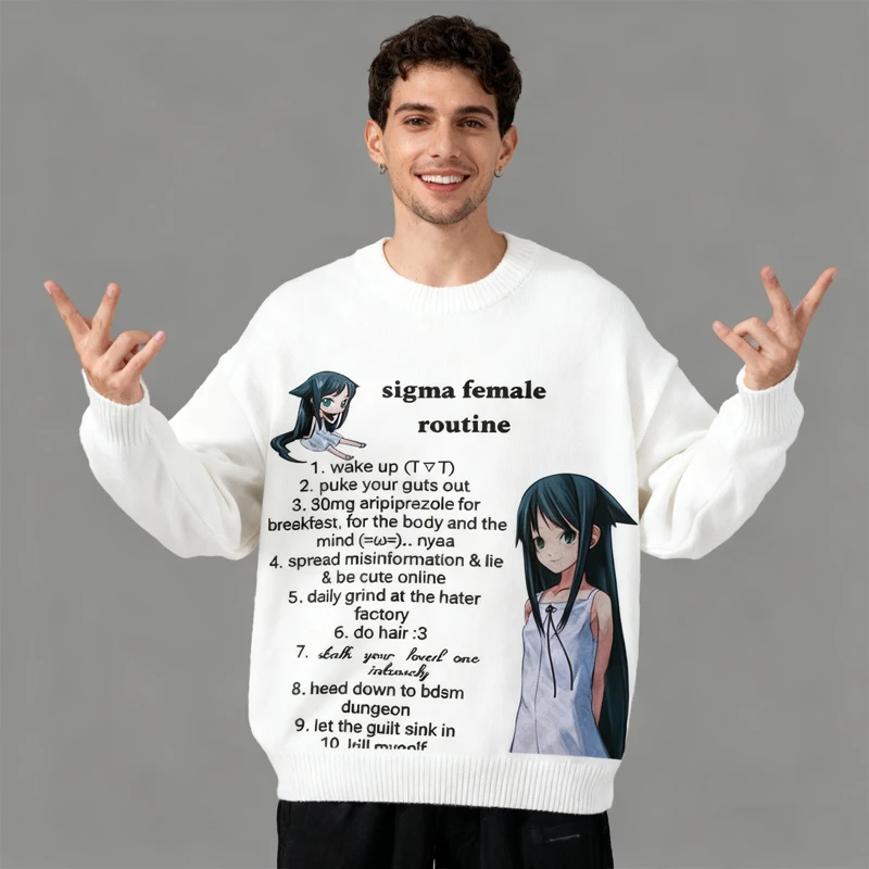 

Y2k oversized white knitted sweater anime diffuse pattern, unisex avant-garde street wear aesthetic sweater top