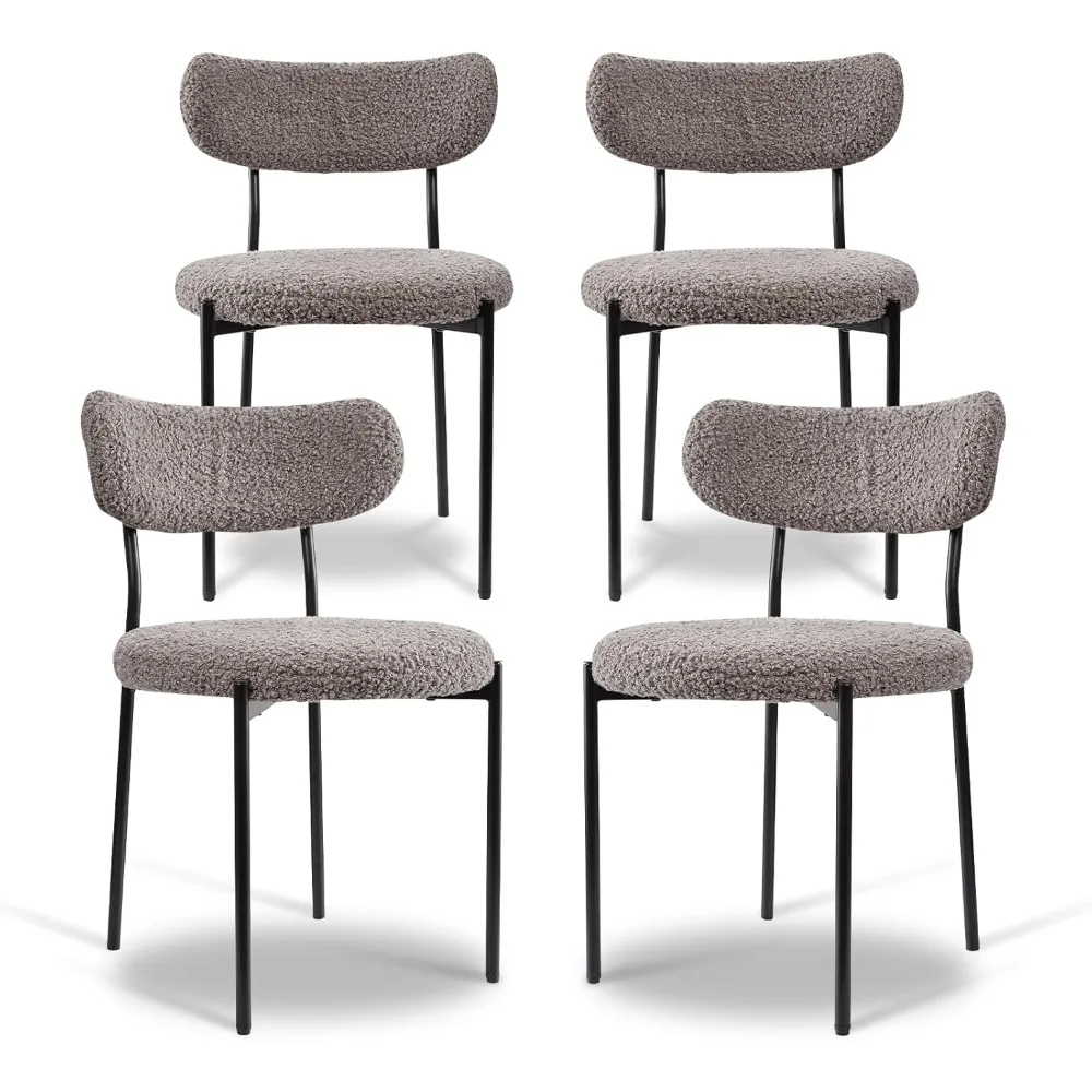 Boucle Dining Chairs,Holiday Chairs, Round Widened Upholstered Chairs, Modern Mid Century Style, Sturdy and Comfy with Black Met