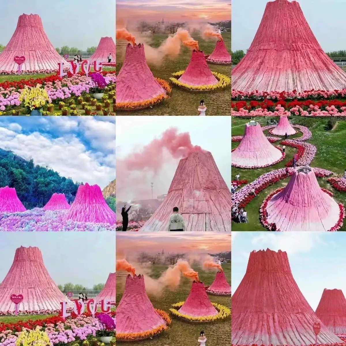 

Internet celebrity pink inflatable volcano hot air balloon model liftoff outdoor white clouds cartoon scenic beauty Chen