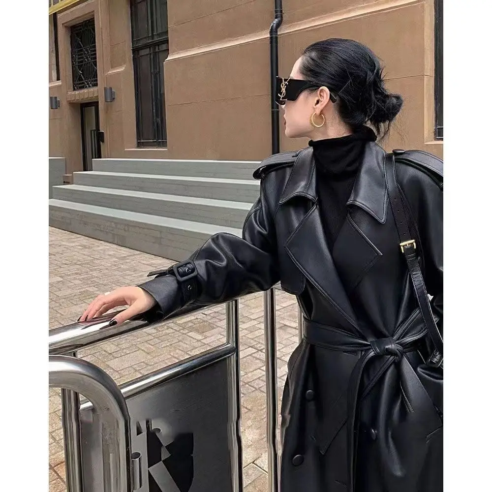 Dames PU-leren jas Reversriem Double-Breasted Luxe Hoge kwaliteit Lente Herfst Lange oversized zwarte leren trenchcoat