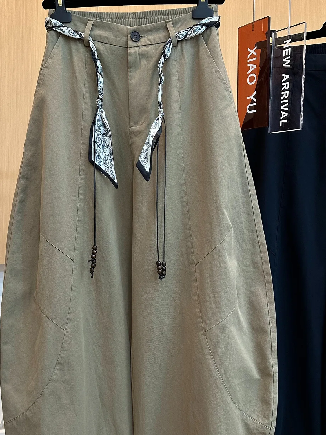 

Elegant Pure Color Wide Leg Knife Pants with Silk Scarf Waistband Elastic Loose Fit Versatile Casual High Waist Cotton Trousers
