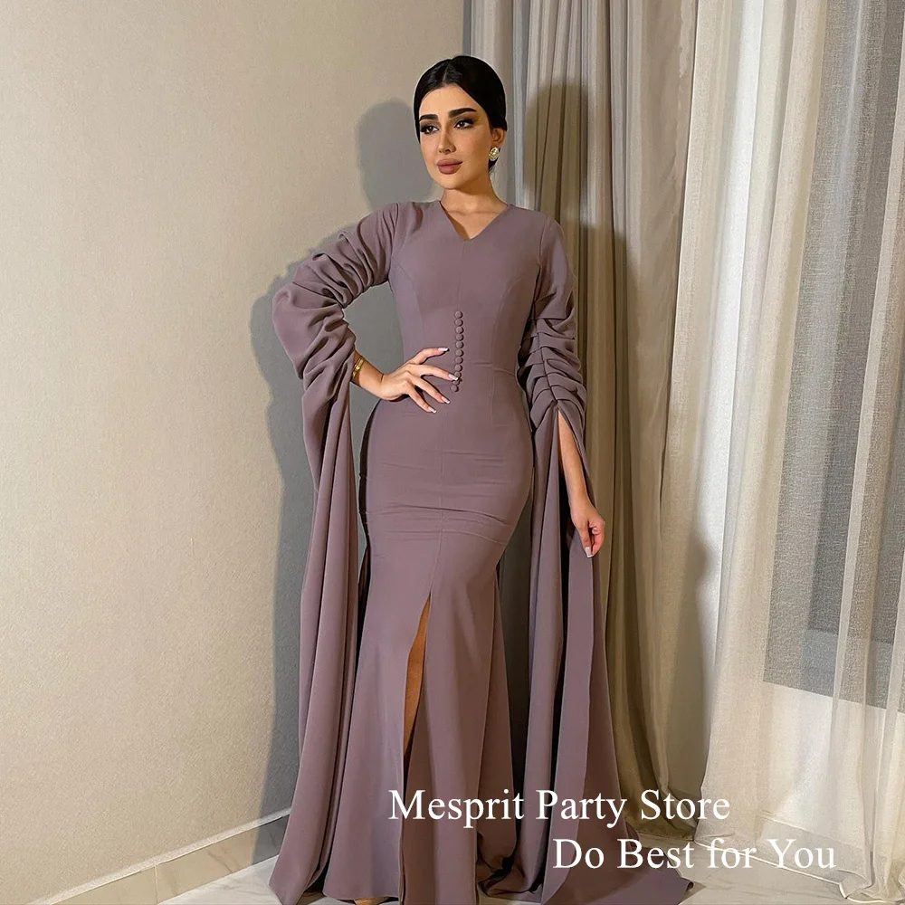 

Mesprit Elegant Evening Gown V Neck Long Sleeves Buttons Front Slit Saudi Party Dresses Arab Mermaid Prom Dress for Woman