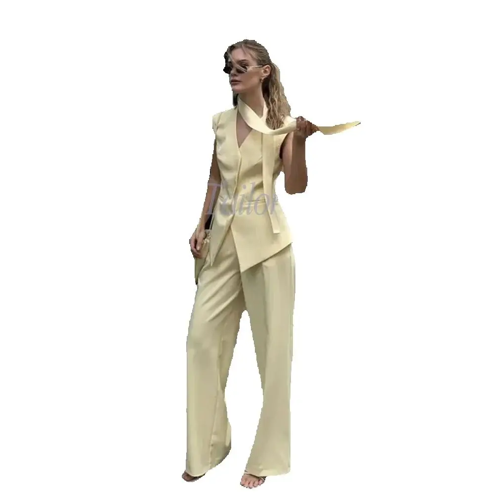 Lichtgele mouwloze blazerset voor dames, elegant 2-delig chic pak met enkele rij knopen, slim casual vest, broek, damespakken - afbeelding 2