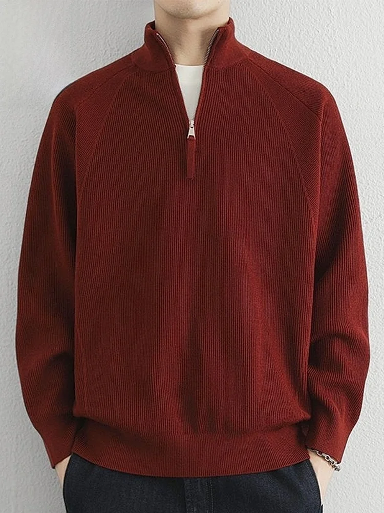 

Красный цельный вязаный свитер с воротником-стойкой для мужчин, повседневный зимний модный удобный свитер с длинными рукавами на молнии