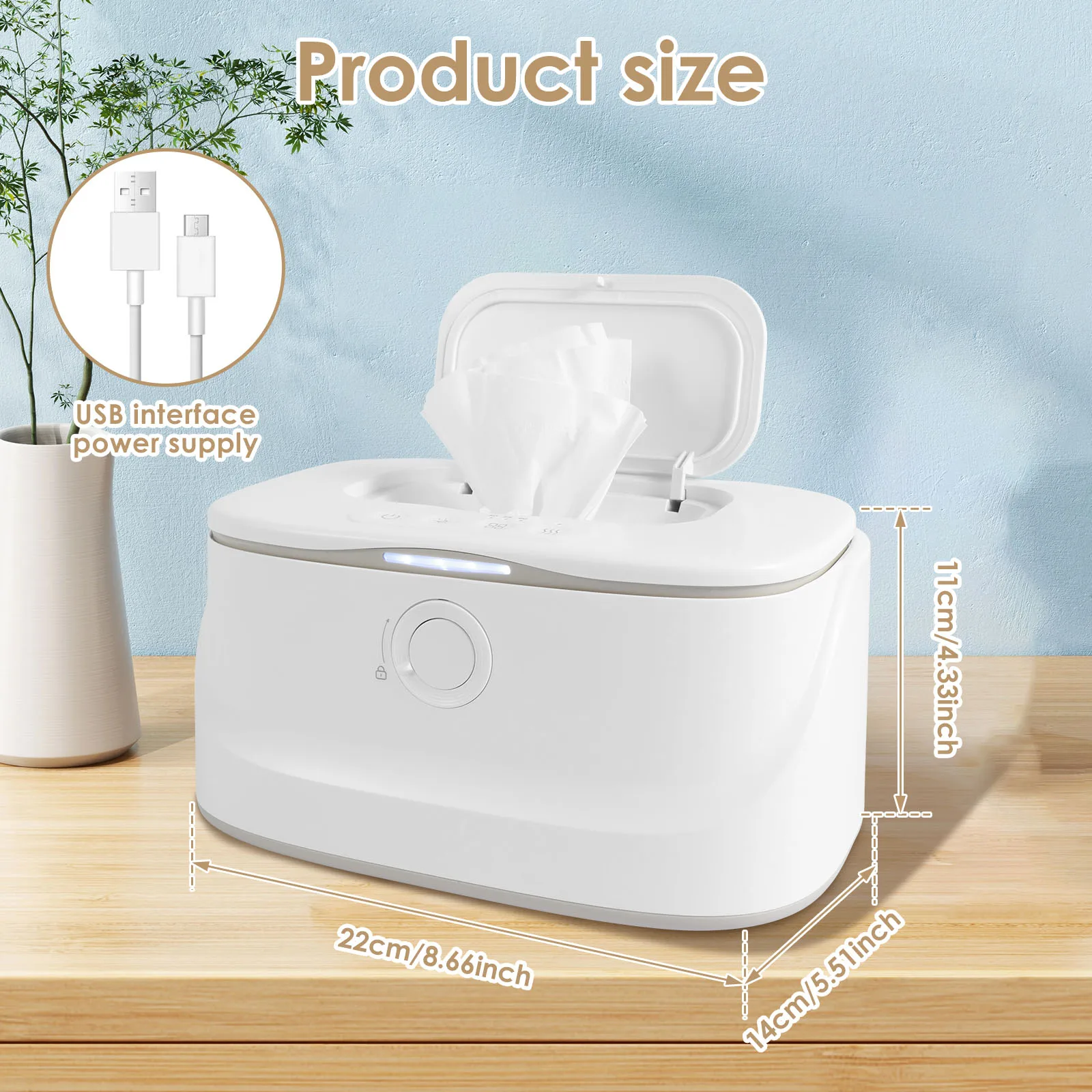 USB Baby Wipe Warmer Keeps Wipes Warm 3 Adjustable Temperature Portable Heating Diaper Wipe Dispenser LED Light Large Capacity