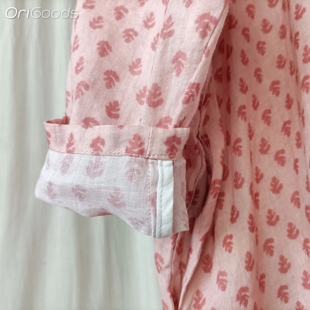 OriGoods Camicia lunga stampata rosa oversize in lino Donna Abiti in stile cinese Ramie 100% Camicetta lunga estiva Top oversize X024