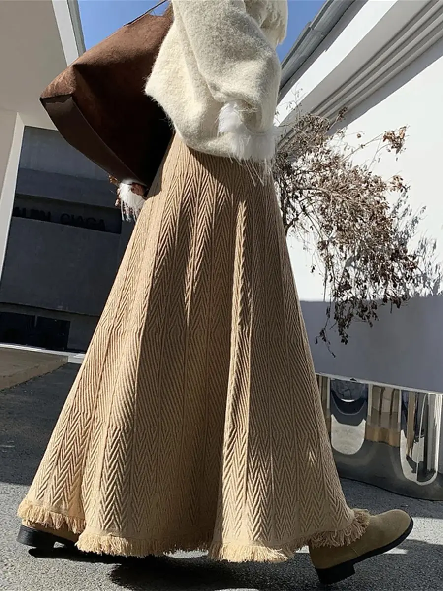 Solid-Color Fringe Knit Skirt for Women 2025 Fall/Winter High-Waisted Striped Jacquard Pleated Full-Skirted A-Line Skirt