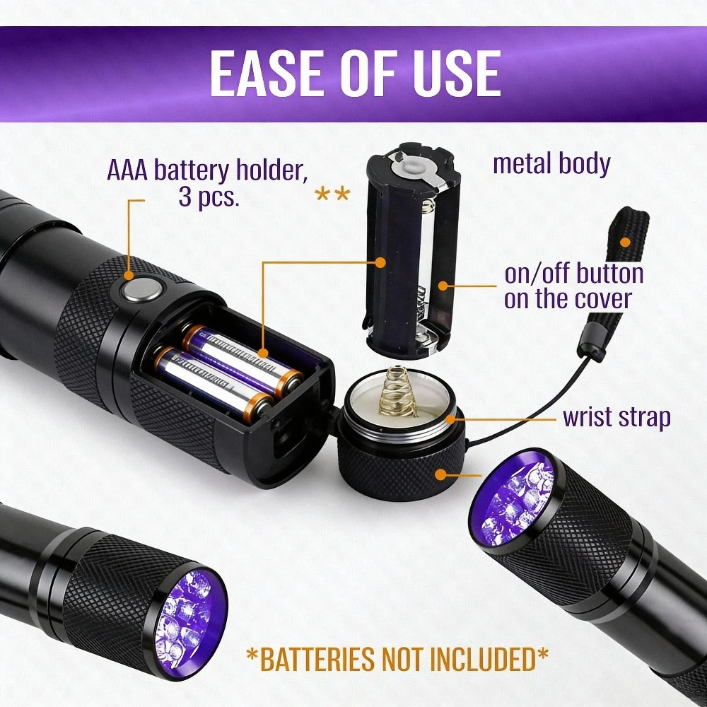 الضوء الأسود الأشعة فوق البنفسجية ضوء مصباح يدوي 395-400nm قوية الأشعة فوق البنفسجية مصباح يدوي Blacklight مصباح يدوي كاشف البول الحيوانات الأليفة