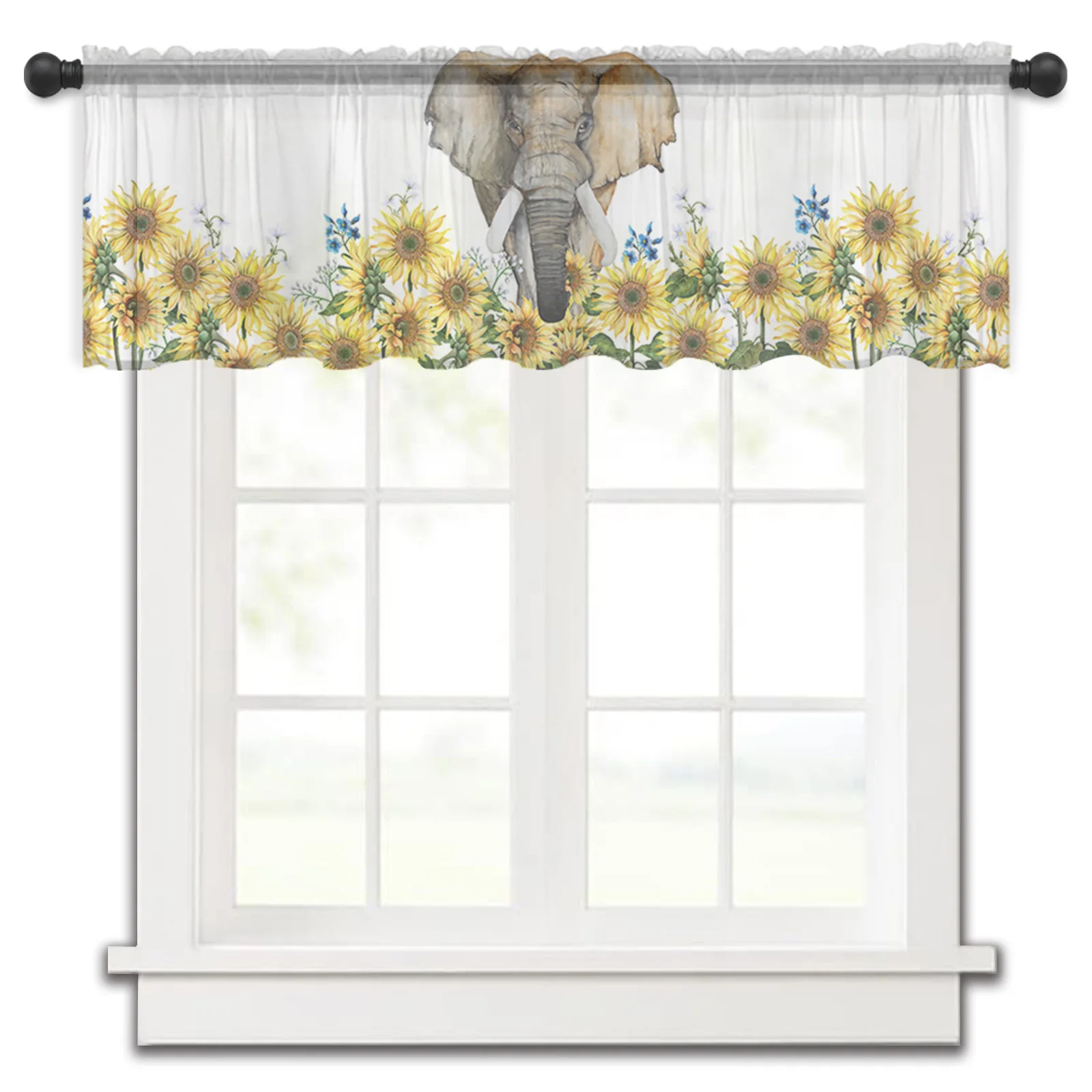 

Elephant Sunflower Flower White Rod Pocket Short Curtain Half-Curtain For Kitchen Door Drape Cafe Small Window Sheer Curtains