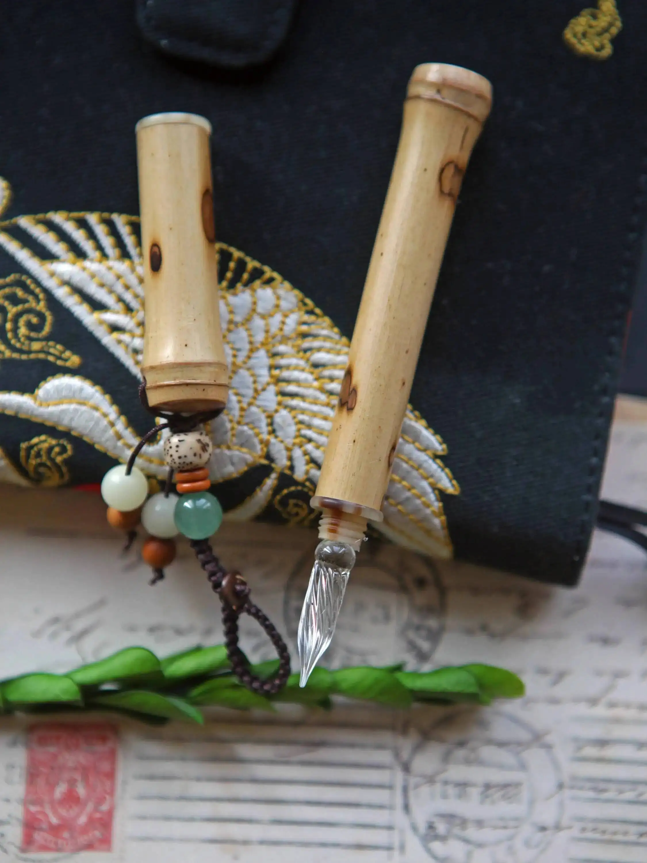 Handmade Mini Spotted Bamboo Glass Dip Pen Portable Writing Pen