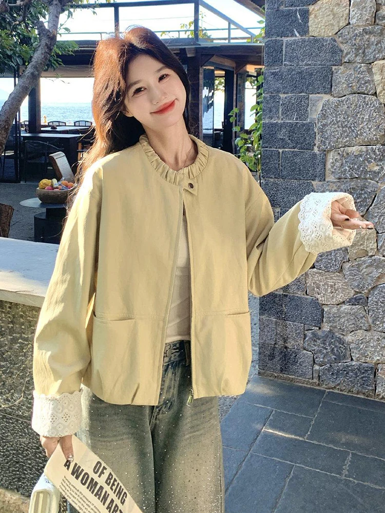 Sweet Yellow Jacket Women Lace Patchwork Loose Long Sleeve Fashion Preppy Style Coat Fall Winter Chic O Neck Female Outwear Tops