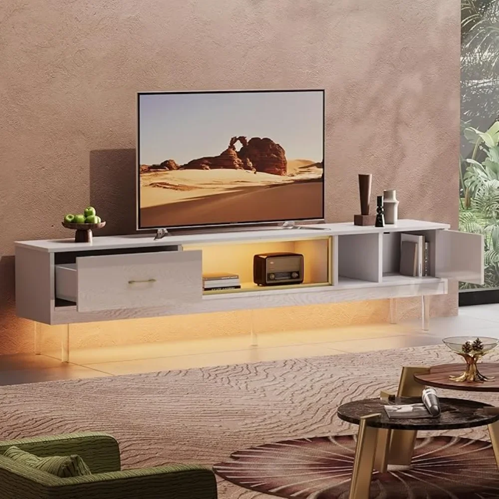 Modern TV Stand for 85 inch TV, 80 inch Long LED Entertainment Center with Storage Drawer & Cabinets for Living Room