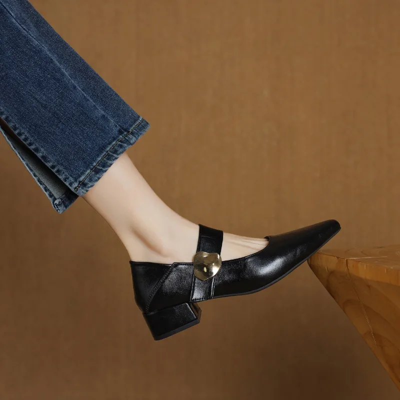 

Французские туфли на толстом каблуке с волшебной наклейкой, весна 2021, новые остроконечные и модные универсальные нескользящие маленькие кожаные туфли