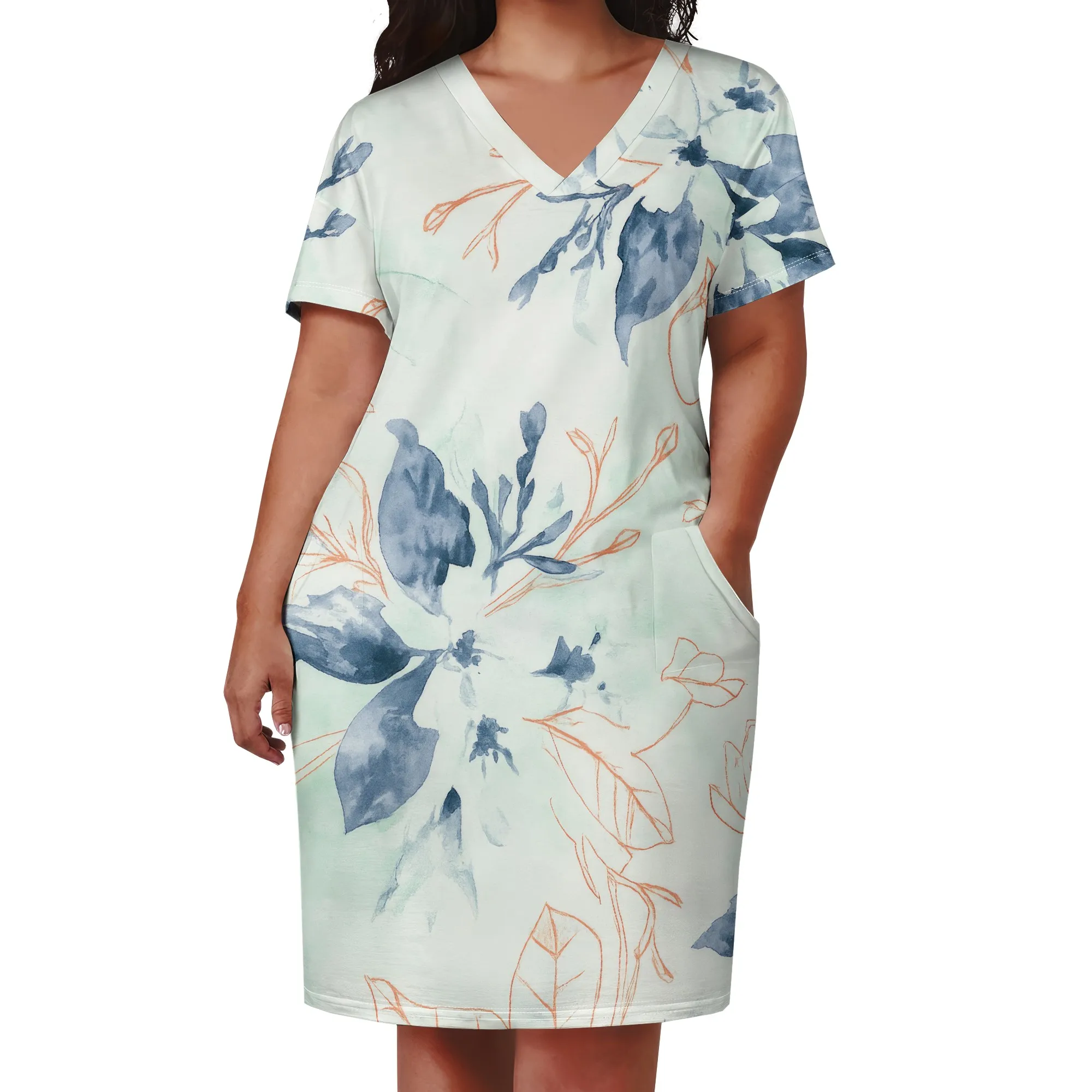 Plus Size Dresses for Curvy Women Oversize T Shirt Midi Dress Loose Short Sleeve V Neck Dress