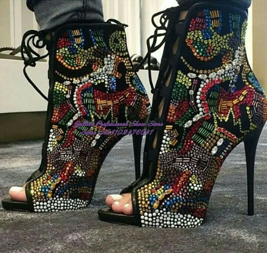 

Women Multi-color Crystal Bling Bling Ankle Boots Open Toe Lace-up Exquisite Colorized Rhinestone Booties Extremely High Heels