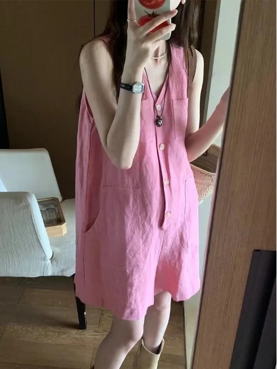 صيف جديد Sle العلامة التجارية الكبيرة الوردي الكتان زر واحد V-ne Svel واسعة الساق قطعة واحدة orts عادية مريحة المرأة...