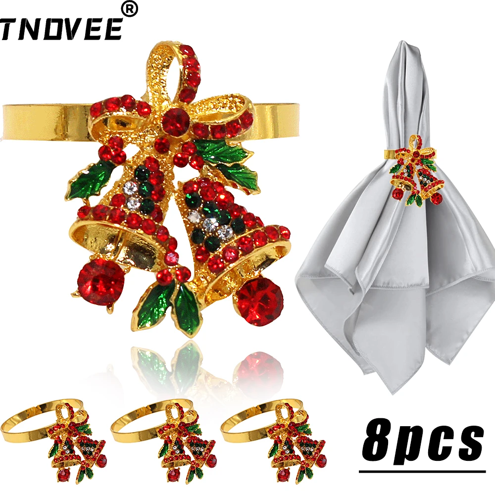 8Pcs Rhinestone Christmas Bells Napkin Rings Metal Jingle Bells Napkin Ring Holders for Christmas Wedding Party Dinng Table Deco